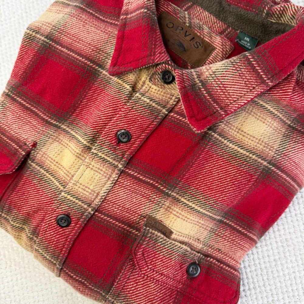 Orvis Mens 3XL Red Tan Plaid Flannel Button Down Shirt 100% Cotton Heavyweight